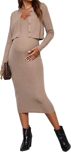 Verdusa Women's Maternity 2 Pieces V Neck Long Cami Dress and Long Sleeve Cardigan Black L in Saudi Arabia