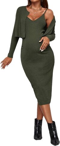 Verdusa Women's Maternity 2 Pieces V Neck Long Cami Dress and Long Sleeve Cardigan Black L in Saudi Arabia