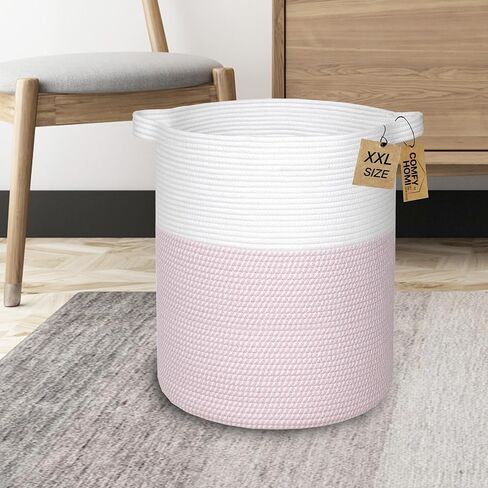 COMFY-HOMI XXL سلة بطانية 18 بوصة × 16 بوصة|سلة غسيل من الحبال القطنية|سلة منسوجة للتخزين|سلة هدايا فارغة لحديثي الولادة أو الرضع هدية للأولاد والبنات، سلة ألعاب للبطانية - أبيض/رمادي/رمادي داكن in Kuwait