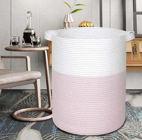 COMFY-HOMI XXL سلة بطانية 18 بوصة × 16 بوصة|سلة غسيل من الحبال القطنية|سلة منسوجة للتخزين|سلة هدايا فارغة لحديثي الولادة أو الرضع هدية للأولاد والبنات، سلة ألعاب للبطانية - أبيض/رمادي/رمادي داكن in Kuwait