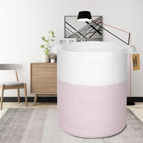 COMFY-HOMI XXL سلة بطانية 18 بوصة × 16 بوصة|سلة غسيل من الحبال القطنية|سلة منسوجة للتخزين|سلة هدايا فارغة لحديثي الولادة أو الرضع هدية للأولاد والبنات، سلة ألعاب للبطانية - أبيض/رمادي/رمادي داكن in Kuwait