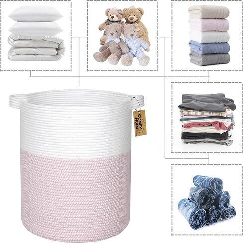 COMFY-HOMI XXL سلة بطانية 18 بوصة × 16 بوصة|سلة غسيل من الحبال القطنية|سلة منسوجة للتخزين|سلة هدايا فارغة لحديثي الولادة أو الرضع هدية للأولاد والبنات، سلة ألعاب للبطانية - أبيض/رمادي/رمادي داكن in Kuwait