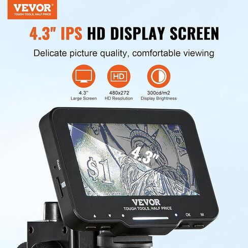 مجهر رقمي VEVOR بشاشة 4.3 بوصة، تكبير 50X-1000X، نطاق إلكتروني مع 8 مصابيح LED وذاكرة 32 جيجابايت، تصوير 1080 بكسل للصور/مقاطع الفيديو، يعمل مع نظام التشغيل Windows/Mac OS in Saudi Arabia