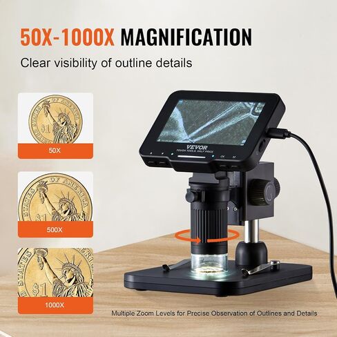 مجهر رقمي VEVOR بشاشة 4.3 بوصة، تكبير 50X-1000X، نطاق إلكتروني مع 8 مصابيح LED وذاكرة 32 جيجابايت، تصوير 1080 بكسل للصور/مقاطع الفيديو، يعمل مع نظام التشغيل Windows/Mac OS in Saudi Arabia