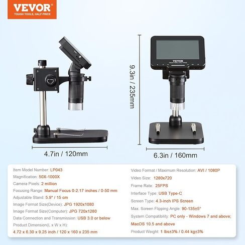 مجهر رقمي VEVOR بشاشة 4.3 بوصة، تكبير 50X-1000X، نطاق إلكتروني مع 8 مصابيح LED وذاكرة 32 جيجابايت، تصوير 1080 بكسل للصور/مقاطع الفيديو، يعمل مع نظام التشغيل Windows/Mac OS in Saudi Arabia