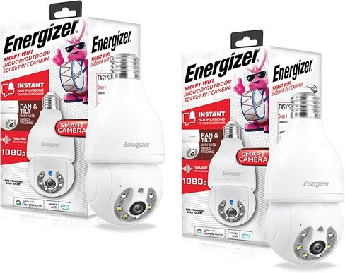 Energizer Smart Light Bulb Security Camera 2-Pack, Outdoor Socket Camera, 1080p, Auto Tracking, Pan & Tilt, Night Vision, 2-Way Audio, Instant Alerts, Works with Google Home & Alexa (2, White) in Saudi Arabia