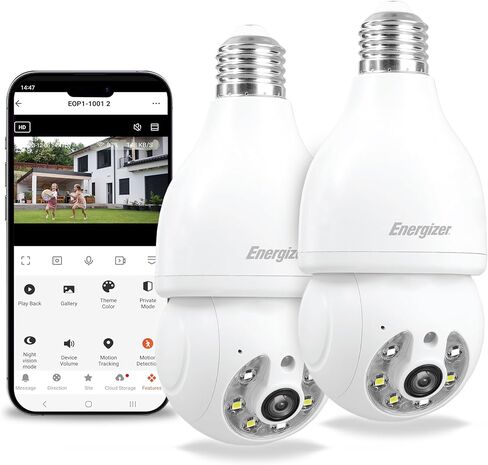 Energizer Smart Light Bulb Security Camera 2-Pack, Outdoor Socket Camera, 1080p, Auto Tracking, Pan & Tilt, Night Vision, 2-Way Audio, Instant Alerts, Works with Google Home & Alexa (2, White) in Saudi Arabia
