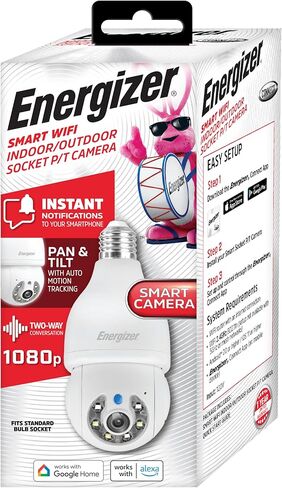 Energizer Smart Light Bulb Security Camera 2-Pack, Outdoor Socket Camera, 1080p, Auto Tracking, Pan & Tilt, Night Vision, 2-Way Audio, Instant Alerts, Works with Google Home & Alexa (2, White) in Saudi Arabia