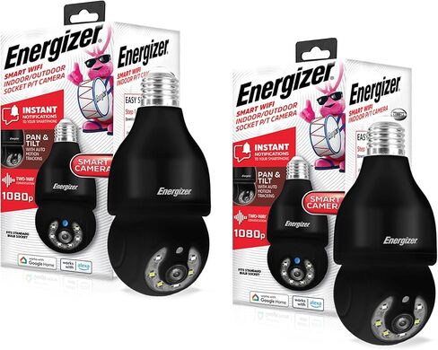 Energizer Smart Light Bulb Security Camera 2-Pack, Outdoor Socket Camera, 1080p, Auto Tracking, Pan & Tilt, Night Vision, 2-Way Audio, Instant Alerts, Works with Google Home & Alexa (2, White) in Saudi Arabia
