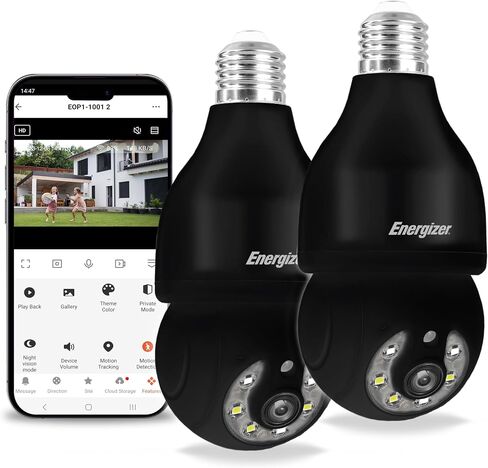 Energizer Smart Light Bulb Security Camera 2-Pack, Outdoor Socket Camera, 1080p, Auto Tracking, Pan & Tilt, Night Vision, 2-Way Audio, Instant Alerts, Works with Google Home & Alexa (2, White) in Saudi Arabia