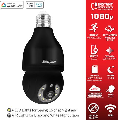 Energizer Smart Light Bulb Security Camera 2-Pack, Outdoor Socket Camera, 1080p, Auto Tracking, Pan & Tilt, Night Vision, 2-Way Audio, Instant Alerts, Works with Google Home & Alexa (2, White) in Saudi Arabia