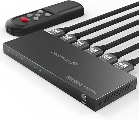 محول Fosmon 3 منافذ HDMI 8K مع جهاز تحكم عن بعد، يدعم 8K@60 هرتز 4K@120 هرتز HDR10+ HDCP 2.3 سرعة عالية 48 جيجابت في الثانية 3 في 1 مخرج تلقائي 3x1 HDMI 2.1 موزع مقسم محول متوافق مع PS5 وXbox X وApple TV in Saudi Arabia
