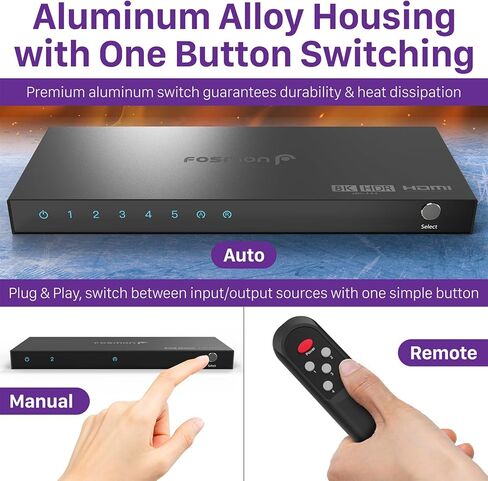 محول Fosmon 3 منافذ HDMI 8K مع جهاز تحكم عن بعد، يدعم 8K@60 هرتز 4K@120 هرتز HDR10+ HDCP 2.3 سرعة عالية 48 جيجابت في الثانية 3 في 1 مخرج تلقائي 3x1 HDMI 2.1 موزع مقسم محول متوافق مع PS5 وXbox X وApple TV in Saudi Arabia