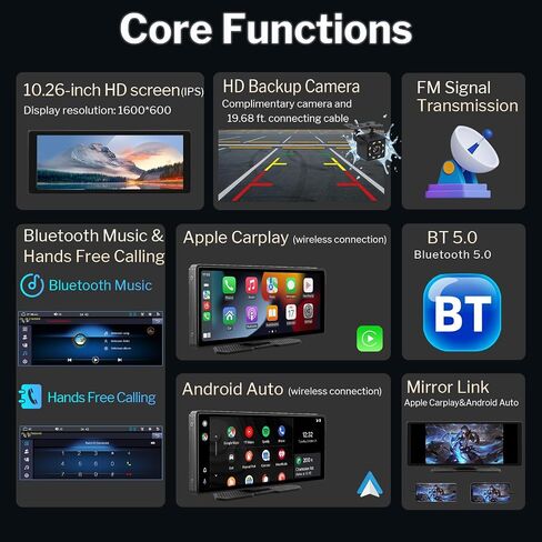 شاشة لمس Carplay لاسلكية للسيارة - 10.26 بوصة محمولة من Apple Carplay&Android Auto Car Stere، تشغيل السيارة مع كاميرا احتياطية، مستقبل الصوت، نظام تحديد المواقع العالمي للملاحة، التحكم الصوتي، رابط المرآة، بلوتوث لجميع السيارات in Saudi Arabia