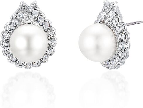 Freshwater Cultured Pearl White Gold Plated CZ Crystal Stud Earring with 10mm Pearl Earrings for Wedding, Bridal Jewelry for Women, brides, bridesmaids in Saudi Arabia
