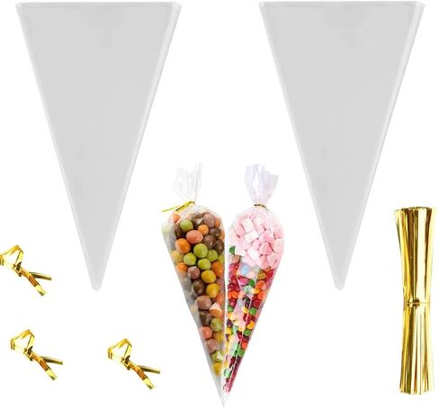 FUNNYARD Cone Bag 100PCS Mini Clear Cello Treat Bags Popcorn Bags 5.1 by 9.8 Inch Triangle Cellophane Bags with Twist Ties for Candies Handmade Cookies Wedding Birthday Pop Gift Candy Buffet Supplies in Saudi Arabia