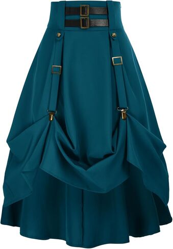 Gothic Skirt for Women Steampunk Pirate A-Line Skirts with Pockets Green S in Saudi Arabia