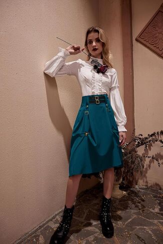 Gothic Skirt for Women Steampunk Pirate A-Line Skirts with Pockets Green S in Saudi Arabia