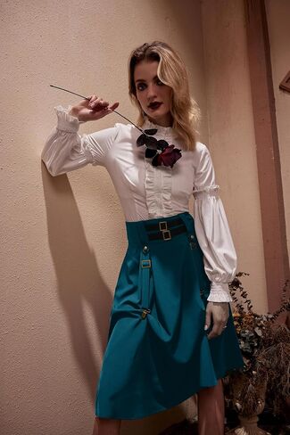 Gothic Skirt for Women Steampunk Pirate A-Line Skirts with Pockets Green S in Saudi Arabia