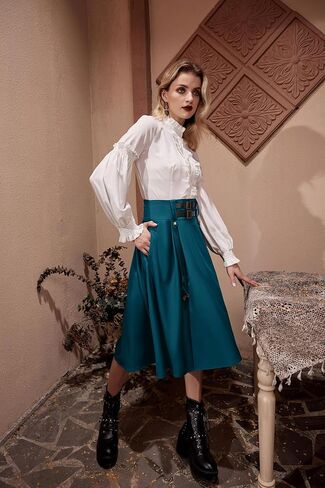 Gothic Skirt for Women Steampunk Pirate A-Line Skirts with Pockets Green S in Saudi Arabia