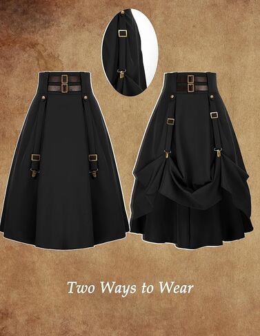 Gothic Skirt for Women Steampunk Pirate A-Line Skirts with Pockets Green S in Saudi Arabia