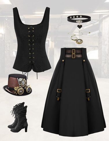 Gothic Skirt for Women Steampunk Pirate A-Line Skirts with Pockets Green S in Saudi Arabia