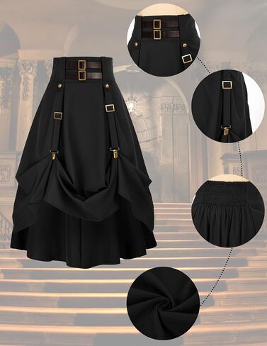 Gothic Skirt for Women Steampunk Pirate A-Line Skirts with Pockets Green S in Saudi Arabia