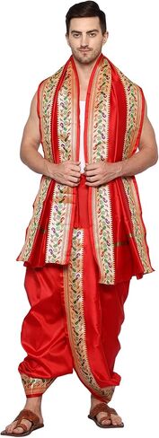 فستان زفاف هندي من أقمشة راميشوارام بحدود الطاووس Dhoti للرجال، جاهز للارتداء مخيط Dhoti مع سرق in Kuwait