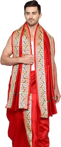 فستان زفاف هندي من أقمشة راميشوارام بحدود الطاووس Dhoti للرجال، جاهز للارتداء مخيط Dhoti مع سرق in Kuwait