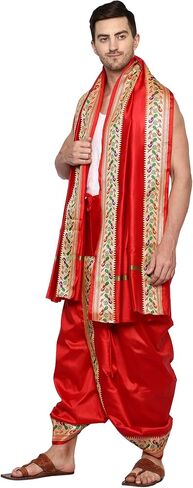 فستان زفاف هندي من أقمشة راميشوارام بحدود الطاووس Dhoti للرجال، جاهز للارتداء مخيط Dhoti مع سرق in Kuwait