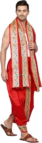 فستان زفاف هندي من أقمشة راميشوارام بحدود الطاووس Dhoti للرجال، جاهز للارتداء مخيط Dhoti مع سرق in Kuwait