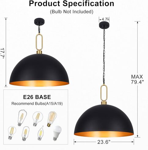 17.7'' Farmhouse Vintage Pendant Lighting Black and Gold Pendant Light Fixtures Large Dome Chandelier for Kitchen Island, Hallway, Dining Room, Bedroom in Kuwait