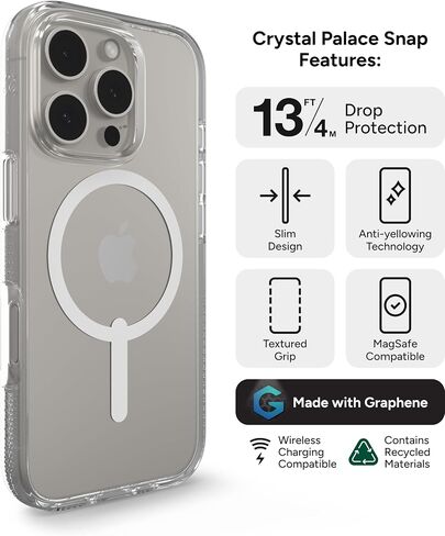 حافظة ZAGG Crystal Palace Snap لهاتف iPhone 16 Pro - حماية من السقوط من الدرجة العسكرية بطول 13 قدمًا، متوافقة مع MagSafe، شفافة تمامًا، مضادة للاصفرار، معززة بالجرافين، مصنوعة من مواد معاد تدويرها in Saudi Arabia