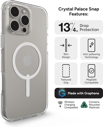 حافظة ZAGG Crystal Palace Snap لهاتف iPhone 16 Pro - حماية من السقوط من الدرجة العسكرية بطول 13 قدمًا، متوافقة مع MagSafe، شفافة تمامًا، مضادة للاصفرار، معززة بالجرافين، مصنوعة من مواد معاد تدويرها in Saudi Arabia