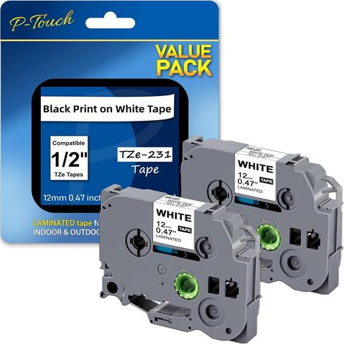 شريط بديل TZc231 لشريط Brother TZc-231 2 Pack Tape 0.47 بوصة × 26.2 بوصة (12 مم × 8 متر) لصانع الملصقات PT-1300 PT-1400 PT-1500 PT-1500PC PT-1600 PT-1650 in Kuwait