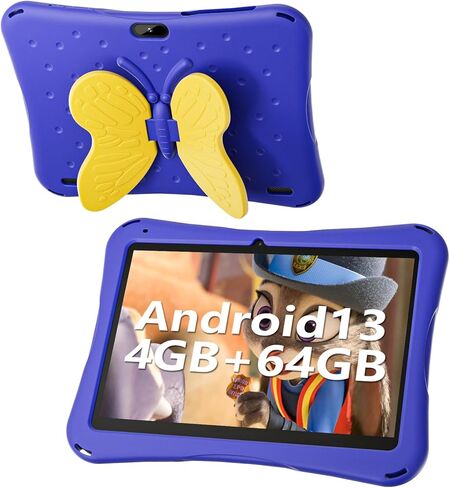 10 Inch Tablet for Kids, Android 13 Kids Tablet with Kids Case, 4GB RAM 64GB ROM, 5000mAh, Dual Camera, 1280 * 800 Display, WiFi, Kidoz Pre Installed, Yellow Butterfly Handle in Saudi Arabia
