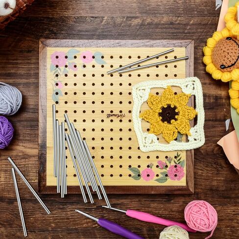 Crochet Blocking Board -Crochet Gift for Granny Square Lovers-Bamboo Blocking Board for Knitting Crochet, Full Kit with 24 Stainless Steel Rod Pins (13 inches-Classic Patterns) in Saudi Arabia