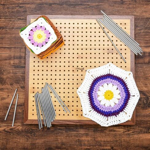 Crochet Blocking Board -Crochet Gift for Granny Square Lovers-Bamboo Blocking Board for Knitting Crochet, Full Kit with 24 Stainless Steel Rod Pins (13 inches-Classic Patterns) in Saudi Arabia