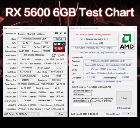 AMD Radeon RX 5600 6GB GDDR6 Graphics Card Performance Equals RTX 3050 75% of 3060 3X DP HDMI 192-Bit 1670/1750 MHz Core/Memory 2048 Shaders PCI4 4.0 150 W 6+8 pin Power in Saudi Arabia