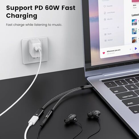 محول سماعة الرأس والشاحن MOSWAG USB C إلى 3.5 مم، 2 في 1 USB من النوع C إلى Aux Audio Jack Hi-Res DAC وPD 60W 3.0 كابل شحن سريع متوافق مع Pixel 4 XL، Galaxy S22 S21 S20+Plus Note 20 in Kuwait