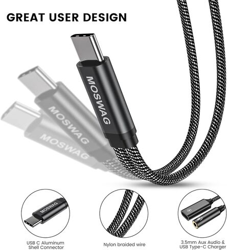 محول سماعة الرأس والشاحن MOSWAG USB C إلى 3.5 مم، 2 في 1 USB من النوع C إلى Aux Audio Jack Hi-Res DAC وPD 60W 3.0 كابل شحن سريع متوافق مع Pixel 4 XL، Galaxy S22 S21 S20+Plus Note 20 in Kuwait