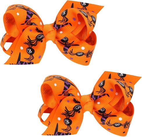 Baby Girl's 2 Pcs Halloween Bowknot Hair Clip Cartoon Printed Bowknot Hair Clip (Orange Spider) in Saudi Arabia