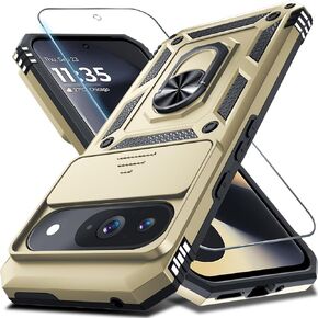 Janmitta Case Compatible with Google Pixel 9 Pro XL Built in Slide Camera Lens Cover+Screen Protector+Finger Ring Holder Kickstand,Heavy Duty Shockproof Full Body Protective Phone Cover,Black