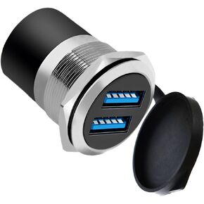 Dual USB 3.0 Panel Mount Adapter - Threaded Round Connector with Waterproof Dust Cover, 2 Female to 2 Female Ports, 5Gbps for High-Speed Data Transfer, 5V 2A for Charging (Silver)
