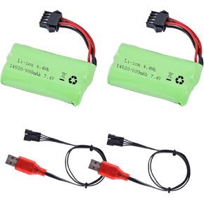 7.4V Li-ion Battery 600mAh 2S Rechargeable Lithium Battery with SM-4P Plug and USB Battery Charger Cable 2Pack