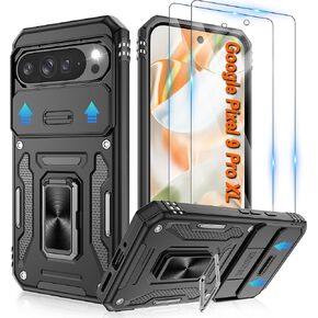 for Google Pixel 9 Case/Pixel 9 Pro Case with [2 Pack] HD Screen Protector + Slide Camera Cover, 360° Rotation Ring Kickstand [Military Grade] Shockproof Protective Phone Case, Black in Kuwait