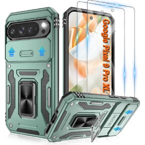 for Google Pixel 9 Case/Pixel 9 Pro Case with [2 Pack] HD Screen Protector + Slide Camera Cover, 360° Rotation Ring Kickstand [Military Grade] Shockproof Protective Phone Case, Black