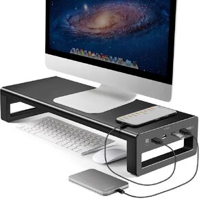 حامل كمبيوتر Vaydeer مزدوج الشاشة مع منافذ محور USB 3.0، حامل معدني مزدوج لجهازي كمبيوتر، تلفزيون، كمبيوتر شخصي، طابعة، مكبر صوت متعدد الوسائط، منظم سطح المكتب متعدد الوظائف
