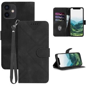 for iPhone 12 Mini Wallet Case, Card Holder Leather Kick-Stand, Wrist Strap, Magnetic Closure, Shockproof Protective Pattern Flip Cover (Purple)