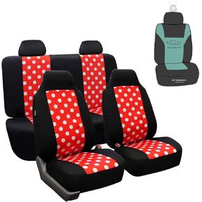 FH Group Car Seat Covers Unique Flat Cloth Full Set Automotive Seat Covers Front Set and Rear Solid Bench Burgundy Black Seat Covers w. Gift Universal Fit Interior Accessories for Cars Trucks and SUVs